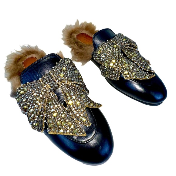 GUCCI PRINCETOWN BLACK LEATHER MULE SLIPPERS WITH CRYSTAL EMBELLISHMENTS - Picture 1 of 8